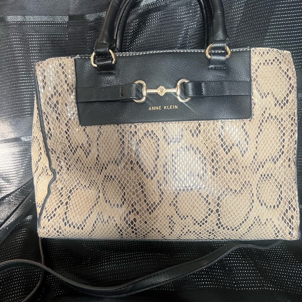 Anne Klein Black and Tan Satchel with Gold Hardware